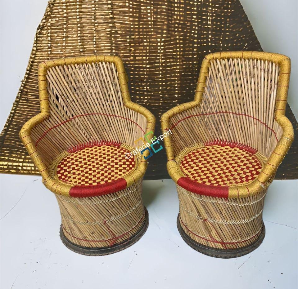Bamboo Mudha Chairs ( Set of 2 ) with Armrest -Handmade furniture For Comfortable sitting -XL Size