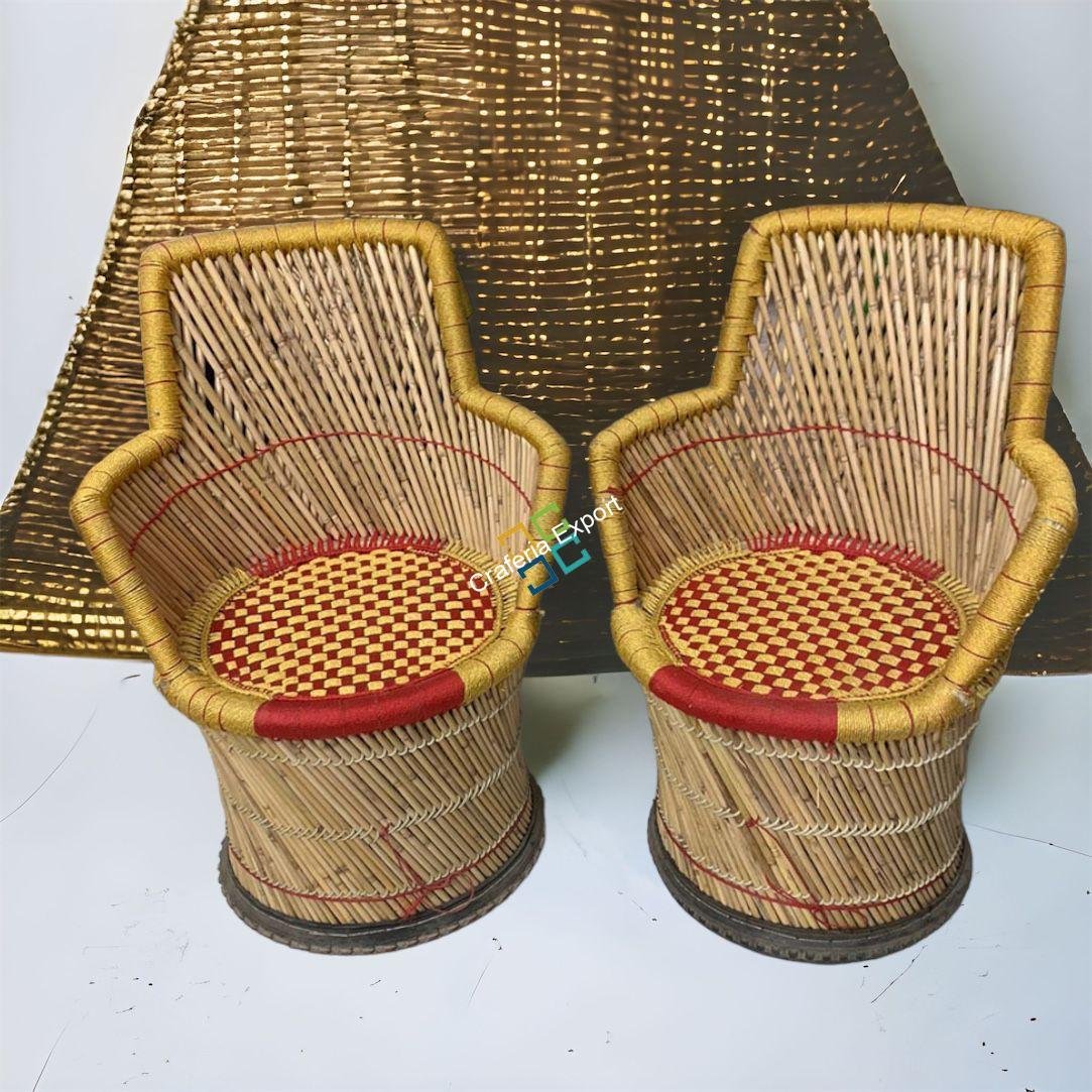 Bamboo Mudha Chairs ( Set of 2 ) with Armrest -Handmade furniture For Comfortable sitting -XL Size