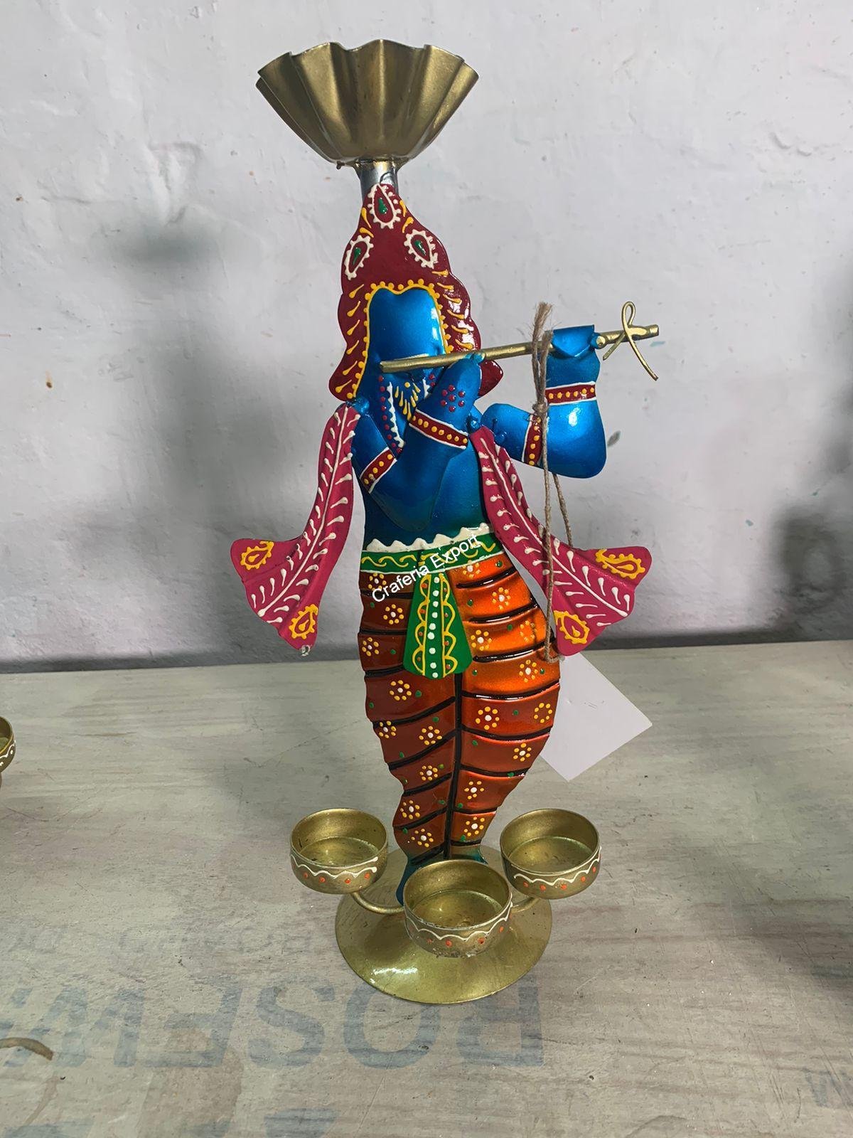 Standing Krishna Statue Showpiece With Metal Tealight Candle Holder For Home Decor And Gifts