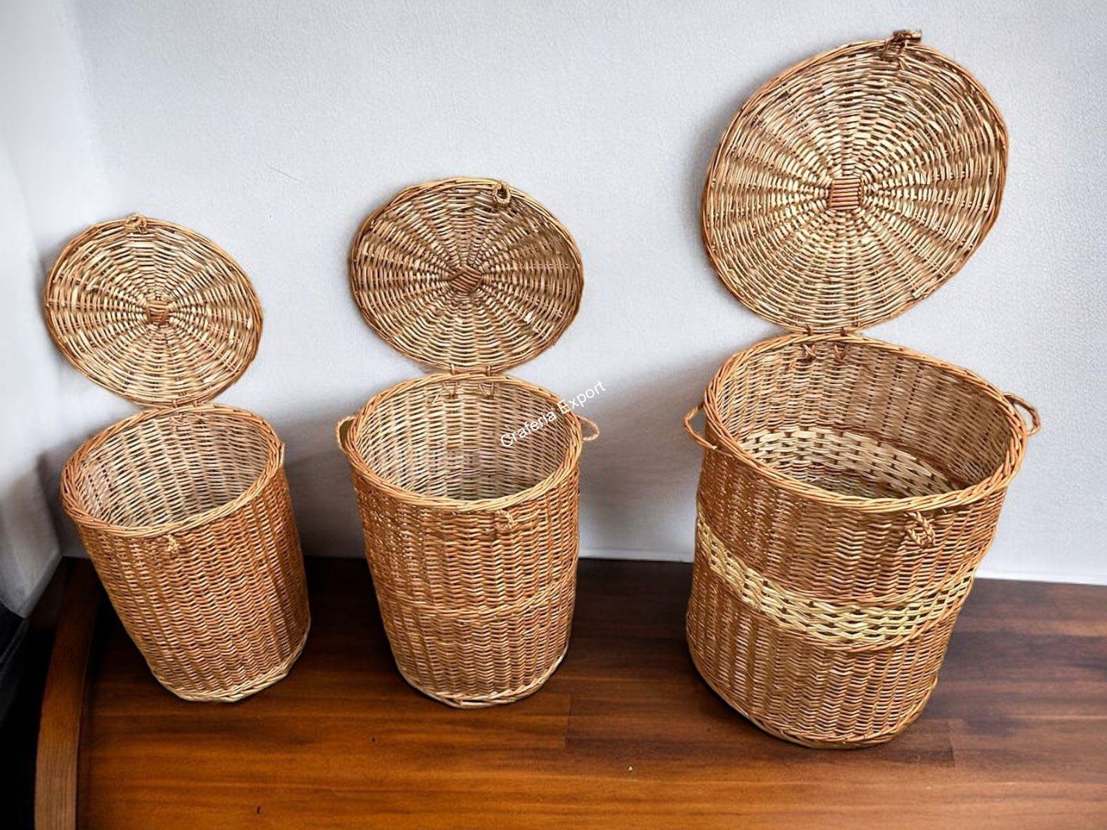 Rattan Wicker Laundry Basket / Cane Storage Round Baskets In Brown Color Set Of 3