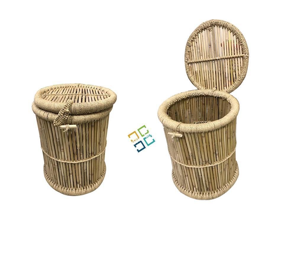 Natural Eco-friendly Handmade Bamboo Basket Storage Box in Round Shape with Lid