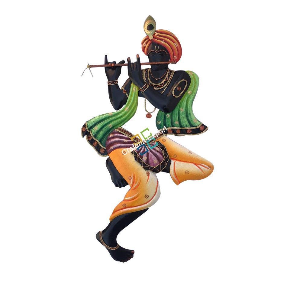 Traditional handmade art  lord krishna playing flute wall hanging for wall decor-black