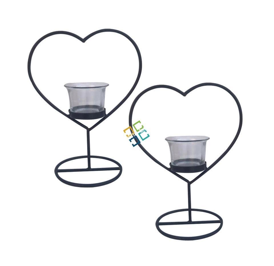 Heart Shape Metal Table Top T-Light Candle Holder Stand (Set Of 2)