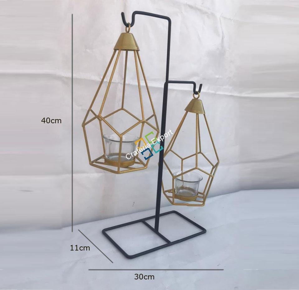 Brass Diamond Shaped Triangle T-Light Candle Holder With Hanging Stand (Set Of 2)