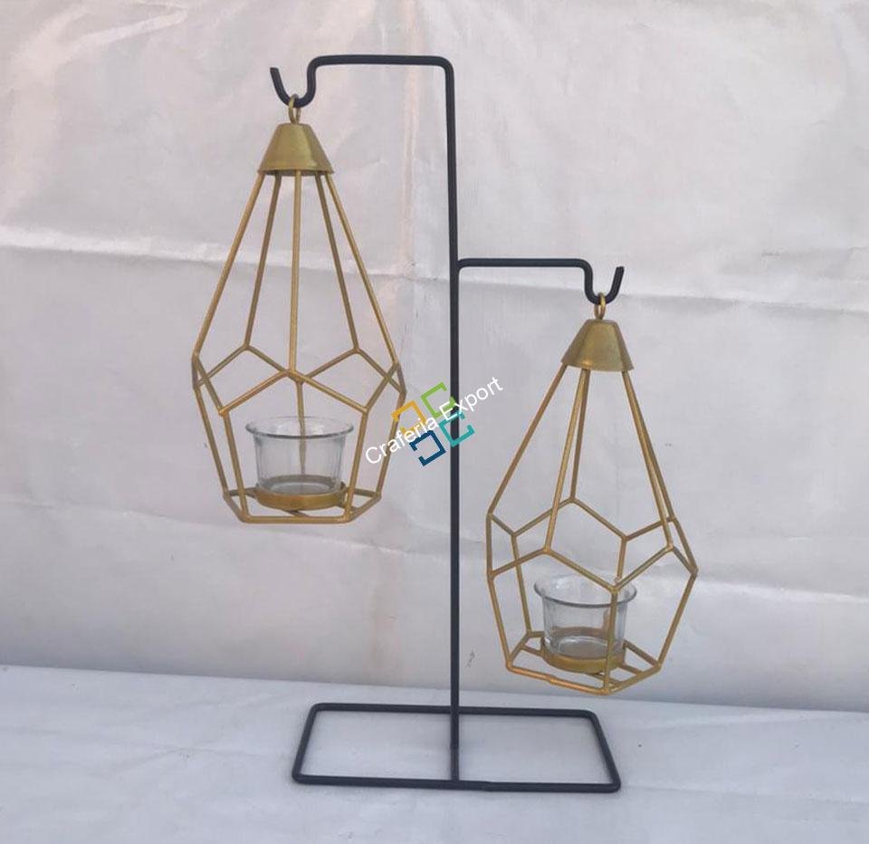 Brass Diamond Shaped Triangle T-Light Candle Holder With Hanging Stand (Set Of 2)