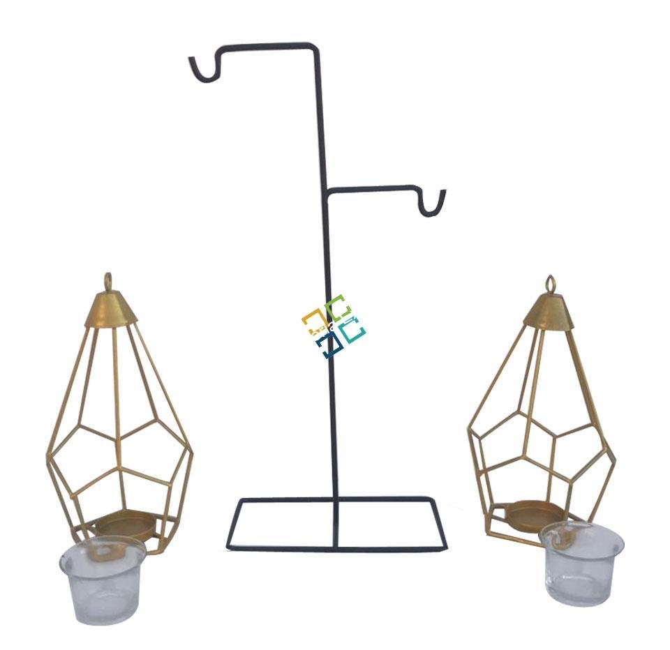 Brass Diamond Shaped Triangle T-Light Candle Holder With Hanging Stand (Set Of 2)