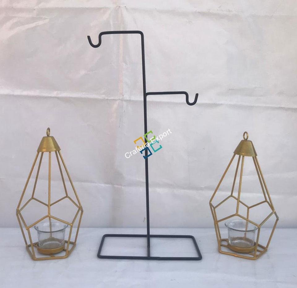 Brass Diamond Shaped Triangle T-Light Candle Holder With Hanging Stand (Set Of 2)
