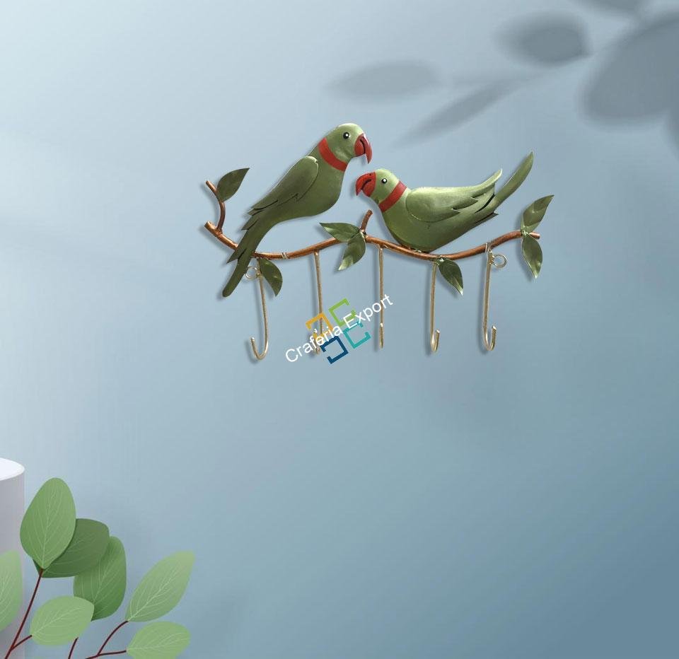 Metallic Parrot Couple Sitting Key Holder For Wall Decor/Gift Item