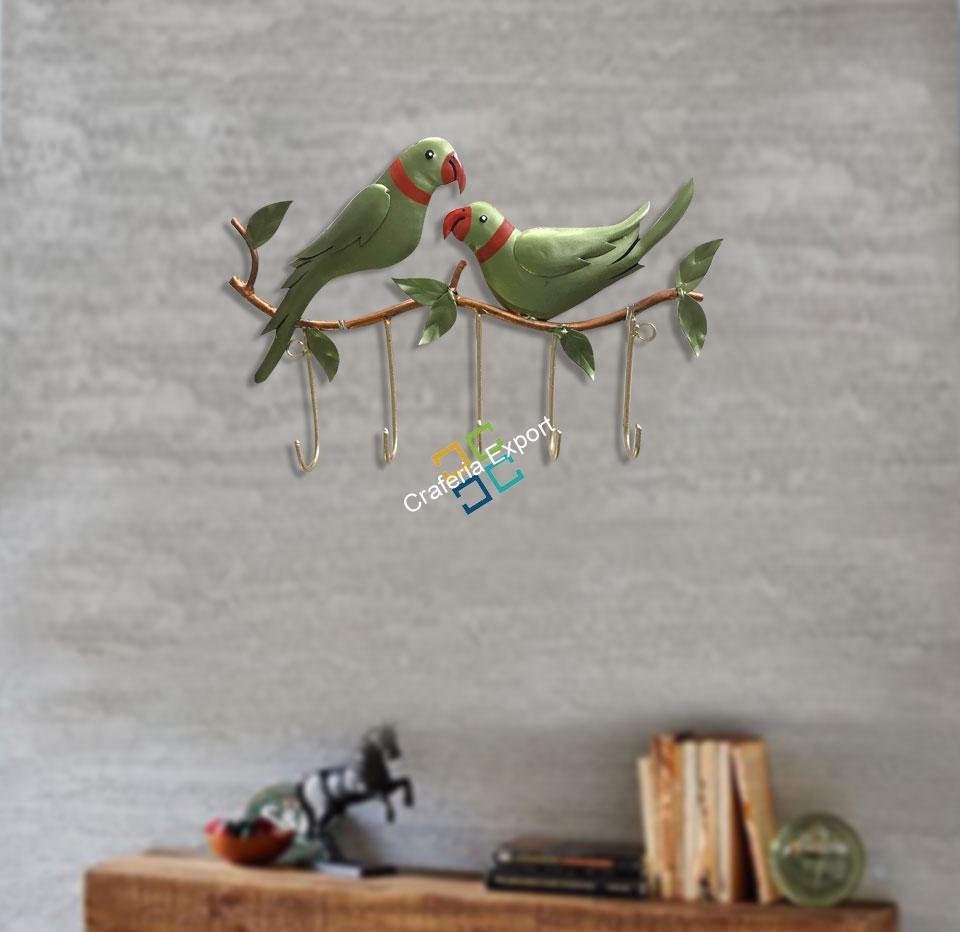 Metallic Parrot Couple Sitting Key Holder For Wall Decor/Gift Item