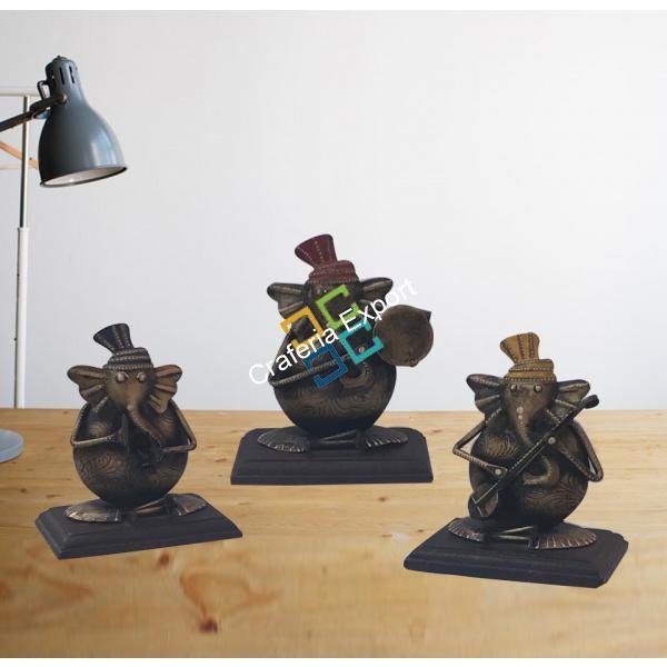Brass  Ganesh Figurine (Set of 3 ) with Musical Instruments sculpture Indian Handicraft